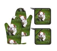 Juego de Cuatro Piezas de Guantes y Manoplas Resistentes al Calor para Hornear, Guantes de Cocina Antideslizantes, Manoplas para Horno de Cocina, Lindo Cachorro Bulldog