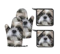 Juego de Cuatro Piezas de Guantes y Manoplas Resistentes al Calor para Hornear, Guantes de Cocina Antideslizantes, Manoplas para Horno de Cocina, Lindo Shih Tzu
