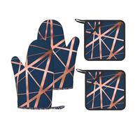 Juego de Cuatro Piezas de Guantes y Manoplas Resistentes al Calor para Hornear, Guantes de Cocina Antideslizantes, Manoplas para Horno de Cocina, Azul Marino y Cobre de Lujo.