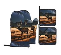 Juego de cuatro piezas para hornear de cocina WHJSSF Elk in the Meadow Pattern Aislamiento térmico y a prueba de quemaduras para hornear cocina y barbacoa al aire libre