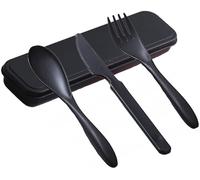 Juego de cubertería de viaje con estuche, juego de cubiertos de plástico, cuchillo de plástico, tenedor y cuchara, juego de cubiertos portátil para camping, picnic, oficina, escuela, almuerzo (negro)