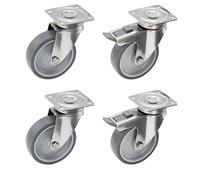 Juego de cubiertas de caucho termoplástico, carcasa de acero inoxidable Proroll, placa de montaje, 4 ruedas de maniobra, 2 de ellas con freno doble