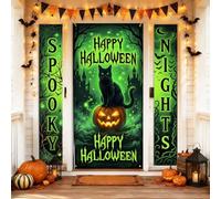 Juego de cubiertas para puerta de bienvenida con diseño de gato, calabazas góticas espeluznantes, murciélago, Halloween, verde, día festivo, porche, decoración vertical para puerta delantera, entrada