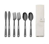 Juego de cubiertos compactos de acero inoxidable de 7 piezas, incluye cucharas de comedor, tenedores y espátula con bolsa de transporte (negro)