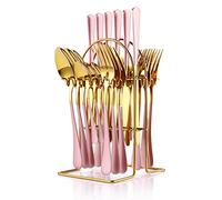 Juego de cubiertos de 24 piezas, juego de cubiertos de acero inoxidable con soporte para cubiertos, cucharas, tenedores y cuchillos, juego de utensilios para 6, pulido dorado espejo y pintado rosa