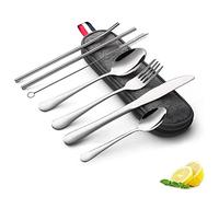 Juego de cubiertos de 8 piezas, Cubiertos de camping de viaje, Juego de utensilios de acero inoxidable portátil, Cubiertos de camping de acero inoxidable con estuche de almacenamiento…