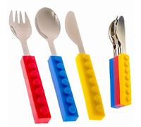 Juego de cubiertos de bloques apilables brillantes y coloridos para niños con cuchara de tenedor de cuchillo, 3 piezas en acero inoxidable, utensilios de cena divertidos, mango de silicona,