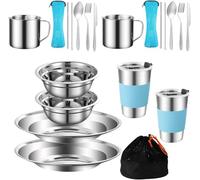 Juego de cubiertos de camping de 20 piezas, Kit Cubiertos Camping, Utensilios de acero inoxidable para 2-3 personas, incluye placa, cuenco, taza, cuchara, tenedor, cuchillo con bolsa de malla