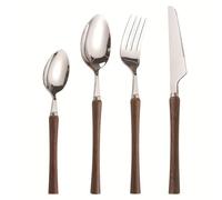 Juego De Cubiertos De Madera Y Acero Inoxidable. Cubiertos De Madera Maciza: Cuchillos, Tenedores Y Cucharas. Varios Tamaños: 4, 16, 24 Y 32 Piezas. Utensilios De Brown 6Set-24Pcs