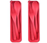 Juego de cubiertos de viaje con estuche, 2 juegos de utensilios reutilizables y portátiles, tenedor de plástico, cucharas para camping, picnic, trabajo, escuela, uso diario (rojo)