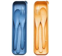 Juego de cubiertos de viaje con estuche, 2 juegos de utensilios reutilizables y portátiles, tenedor de plástico, cuchillo, cuchara para camping, picnic, trabajo, escuela, uso diario (azul + amarillo)