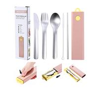 Juego de cubiertos de viaje para llevar | Juego portátil reutilizable con cuchillo, tenedor, cuchara, pajita, cepillo para el hogar, viajes, camping, funda incluida (rosa y amarillo)