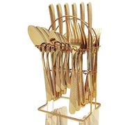 Juego de cubiertos dorados, juego de cubiertos de 24 piezas con soporte, servicio para 6, juego de vajilla pulida con espejo para la cocina del hogar, lavavajillas (dorado)
