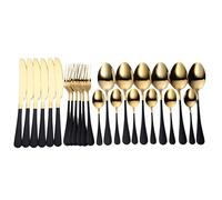 juego de cubiertos, Juego de cubiertos plata, 24 piezas acero inoxidable, cuchillo for carne, tenedor, cuchara café, cucharilla, cena, vajilla, juego, 6 juegos dorados(6sets Black Gold)