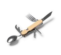Juego de cubiertos multiusos con cuerpo de bambú y accesorios en acero inoxidable. Sacacorchos, navaja, tenedor...