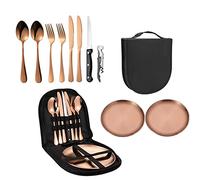 Juego de cubiertos para camping, juego de cortadores de camping, 2 personas, acero inoxidable, cubiertos de viaje con tenedores, cucharas, cuchillos, viajes, senderismo (oro rosa)