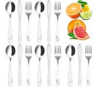 Juego de cubiertos para niños de acero inoxidable 410, 15 piezas, con diseño de dinosaurio, tenedor, cuchara y cortador, ergonómico, suave, apto para lavavajillas