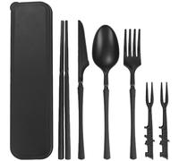 Juego de cubiertos portátil con estuche, cubiertos de plástico reutilizables, cuchillo, tenedor, cuchara, palillos, vajilla, juego de cubiertos de viaje para camping, picnic, oficina, escuela o uso