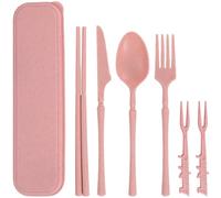 Juego de cubiertos portátil con estuche, cuchillo de plástico reutilizable, tenedor, cuchara, palillos, vajilla, juego de cubiertos de viaje para camping, picnic, oficina, escuela o uso diario (rosa)