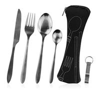 Juego de cubiertos portátiles de 5 piezas, cubiertos camping, porta cubiertos para llevar al trabajo, cubiertos de acero inoxidable con funda de neopreno, ideal viajes, oficina y camping (negro)