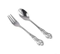 Juego de cubiertos vintage de cuchara y tenedor, 1 par en acero inoxidable con diseño de relieve hueco para postres y momentos de café (plata)
