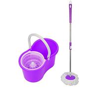 Juego de cubo de gasolina y escoba con flecos de microfibra, cubo desmontable y fregona mágica giratoria de 360 °, cubo doble compartimento (púrpura)
