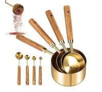 Juego De Cuchara Y Taza Medidora Dorada: Acero Inoxidable De 8 Piezas, Diseño De Mango De Madera Fragante, Utensilios De Cocina De PrimIra Calidad | Herramienta Para Cocinar Y Hornear,