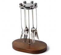 Juego de cucharas de café 7 en 1 con soporte, cucharas y tenedores de acero inoxidable con soporte de madera para café, postre, pasteles, elementos esenciales para el bar del hogar, juego d