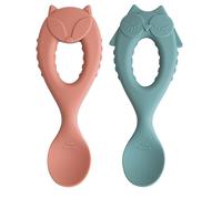 Juego de Cucharas de Silicona Tidy Tot. Pack de 2 cucharas de destete. Cucharas de destete de silicona con mango de fácil agarre. Paquete de 2. Paquete con diseño de búho y zorro