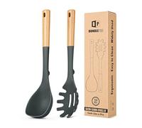 Juego de cucharas de sopa de silicona y cuchara de espagueti con mango de madera, utensilios de cocina resistentes al calor antiadherentes para cocinar, remover, servir pasta, sopa y salsa (gris)