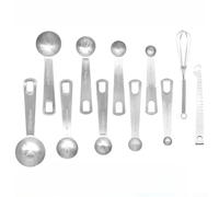Juego de cucharas medidoras de acero inoxidable con varilla agitadora y anillo desmontable, marcas métricas y de escala para cocinar, hornear y uso en la cocina (11)