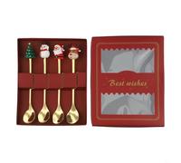 Juego de cucharas para árbol de Navidad, muñeco de nieve, 4 piezas para decoraciones de mesa de vacaciones, café, postres, reuniones familiares, utensilios dorados de 6.5 pulgadas