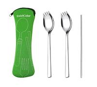Juego de Cucharas Portátiles de Acero Inoxidable, 2 Cucharas Creativas para Ensalada con Pajita Tenedor y Cuchara 2 en 1 para Pastel de Pasta