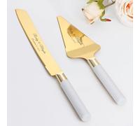 Juego de Cuchillo y Servidor para Pastel de Boda, Conjunto de Corte de Pastel de Acero Inoxidable, Oro Plata Cortador de Pastel Servidor de Pasteles para Navidad, Cumpleaños, Fiesta (Blanco Dorado)