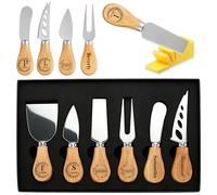 Juego de cuchillos para queso personalizados con mangos de madera de acacia: mini cuchillos para queso grabados personalizados, espátula, tenedor, cortador de mantequilla y cortador para tabla de embu