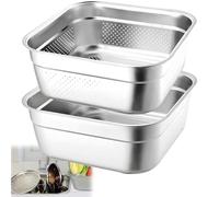 Juego de cuencos de acero inoxidable 2 en 1, cubeta cuadrada resistente de 12.8 pulgadas con colador, lavabo de lavado de frutas y verduras para fregadero, plato de grado alimenticio para escurrir
