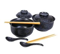 Juego de cuencos de cerámica para ramen de 800 ml con tapa, cuchara y palillos, cuencos de sopa grandes vintage japoneses, cuenco de fideos instantáneos, vajilla asiática (Negro*2)