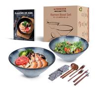 Juego de cuencos de porcelana para sopa de ramen, 2 x 900 ml, 14 unidades, con cucharas y palillos, para Udon, pasta, Pho, Soba, cereales y ensalada, estilo japonés tradicional hecho a mano…