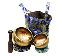 Juego de cuencos tibetanos. 2 cuencos: 4 y 3.15 pulgadas, mazo, cojines de anillo y bolsa de tela de Nepal. Ideal para meditación, yoga, relajación y curación. Aumenta la atención plena. Sonido