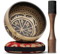 Juego de cuencos tibetanos, fáciles de tocar, con cojín y golpeador de doble extremo, hermoso sonido para curación holística, alivio del estrés, meditación y relajación ~ Patrón de gratitud ~ Cuenco marrón claro antiguo