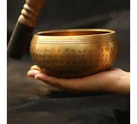 Juego de Cuencos Tibetanos Hecho a Mano en Nepal cuenco tibetano para meditación, atención plena, relajación, yoga, curación cuenco tibetano Bastón + arandela + caja amarilla 8 x 4 cm