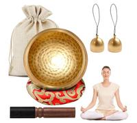Juego de cuencos tibetanos tibetanos de latón, 8,6 cm de diámetro, con base de cuenco tibetano, 2 campanas de latón y una bolsa de almacenamiento, para yoga, meditación