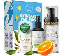 Juego de cuidado de la piel para niños, lavado facial suave, tóner calmante sin perfume y crema, cuidado natural de la piel para niños y niñas con aloe vera y vitamina C, vegano, sin parabenos