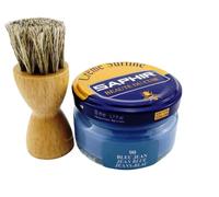 Juego de cuidado de zapatos con Saphir Creme Surfine y cepillo para aplicar en crema. Color: azul vaquero con cepillo