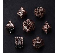 Juego de dados de desgracia sin fin de bronce de 7 piezas de metal poliedro con nudos celtas extra pesados y grandes para mazmorras y dragones DnD Call of Cthulhu Pathfinder de mesa RPG Dice Artificer Dice Hunter de sangre