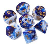 Juego de dados DND QMAY - Dados poli dricos azules y blancos (7 piezas) para juegos de rol de mazmorras y dragones, D&D, con bolsa.