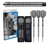 Juego de dardos con punta de acero de tungsteno Harrows SUPERGRIP 90%. Disponible en 21 g, 22 g, 23 g, 24 g, 25 g, 26 g, 28 g y 30 g. Incluye ejes Supergrip, plumas Supergrip y estuche de viaje. (23g)