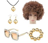 Juego de de discoteca para mujer, kit de disfraz con purpurina, joyería de los años 70, collar retro brillante, aretes, gafas de sol, pulsera, postizo afro para disfraces, noches, reuniones de