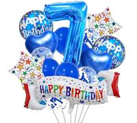 Juego de decoración de 7º cumpleaños, globo azul de corazón 7, globo colorido de feliz 7º cumpleaños para niñas, niños, adultos, suministros de fiesta, globos azules del número 7, decoración de