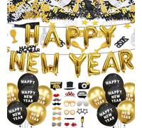 Juego de decoración de Año Nuevo 2026, juego de decoración de Año Nuevo 2026, guirnalda Happy New Year, globos de confeti negro y dorado, cortinas brillantes, juego de decoración de Año Nuevo